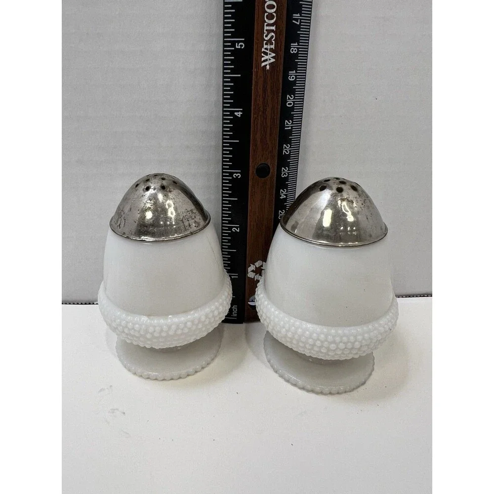 Antique Acorn Opal Glass Salt Pepper Shakers Lids 1880s Rare EAPG Pedestal Foot